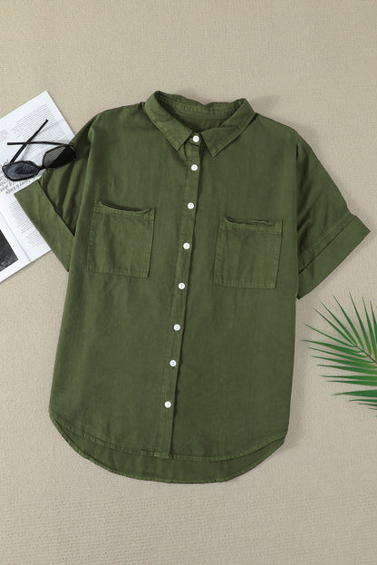 Pocketed Button Up Short Sleeve Denim Shirt Army Green Shirt