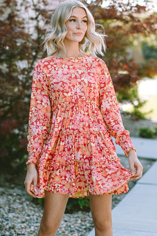 Floral Print Round Neck Long Sleeve Tiered Dress Coral dress