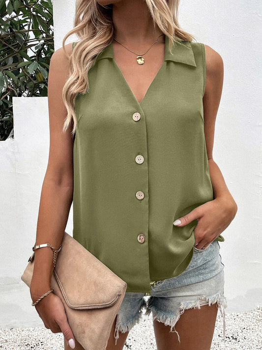 Full Size Johnny Collar Button Up Tank Chartreuse Tank
