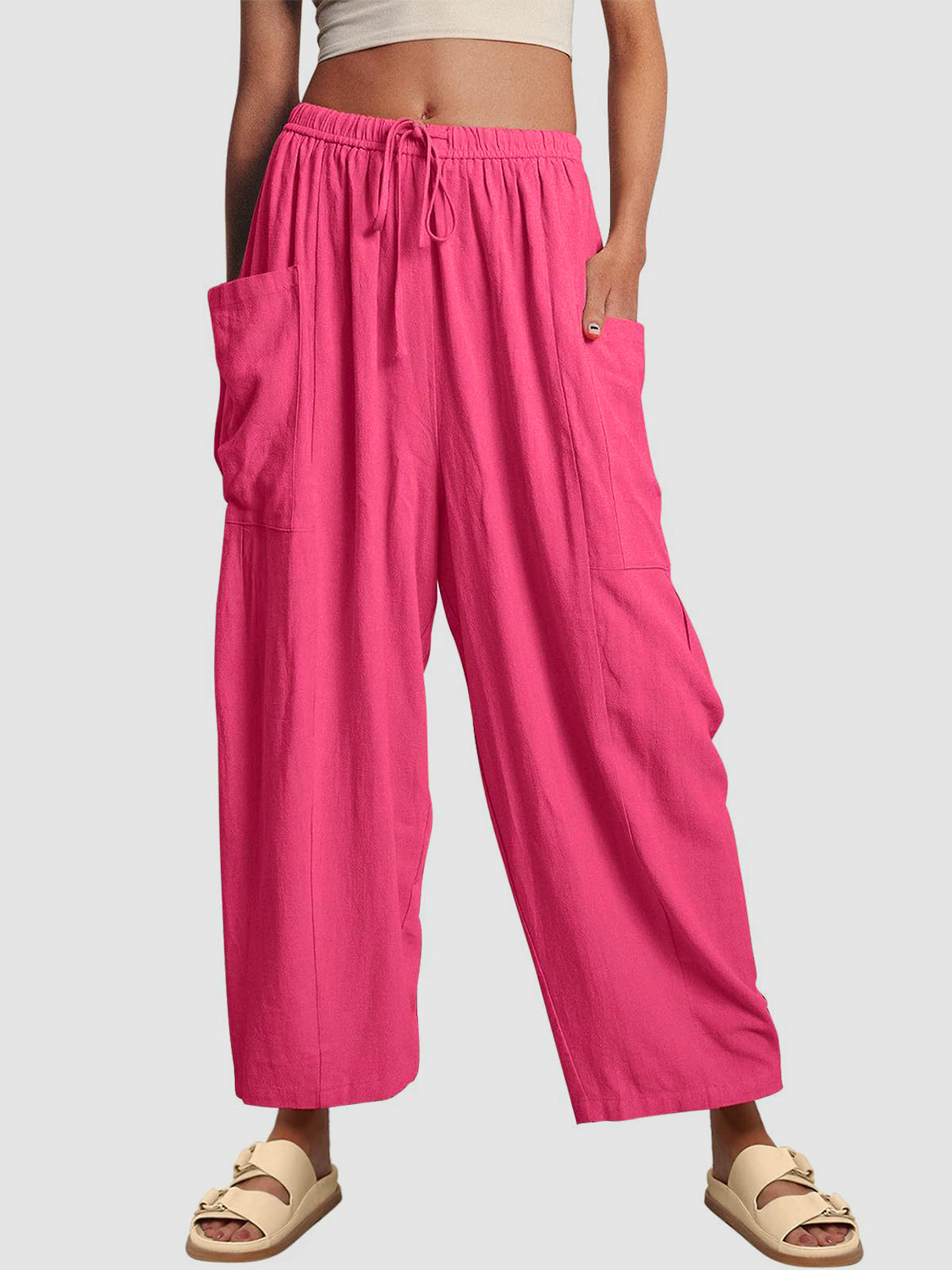 Full Size Wide Leg Pants with Pockets Hot Pink Pants