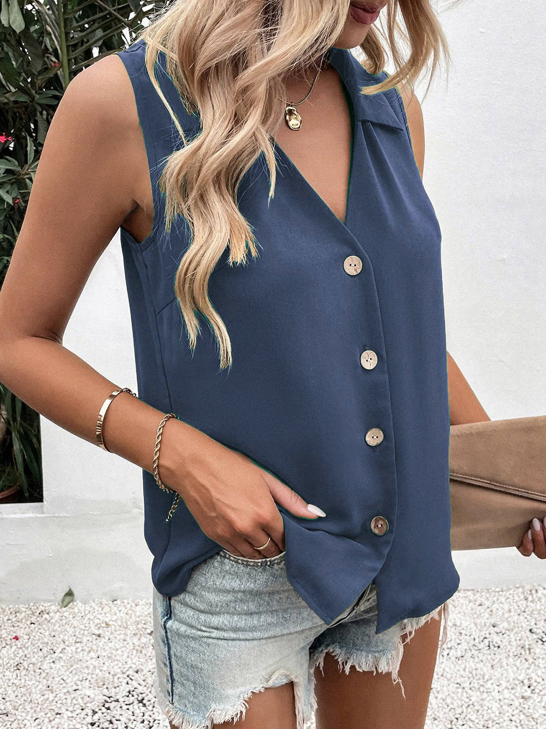 Full Size Johnny Collar Button Up Tank Dusty Blue Tank