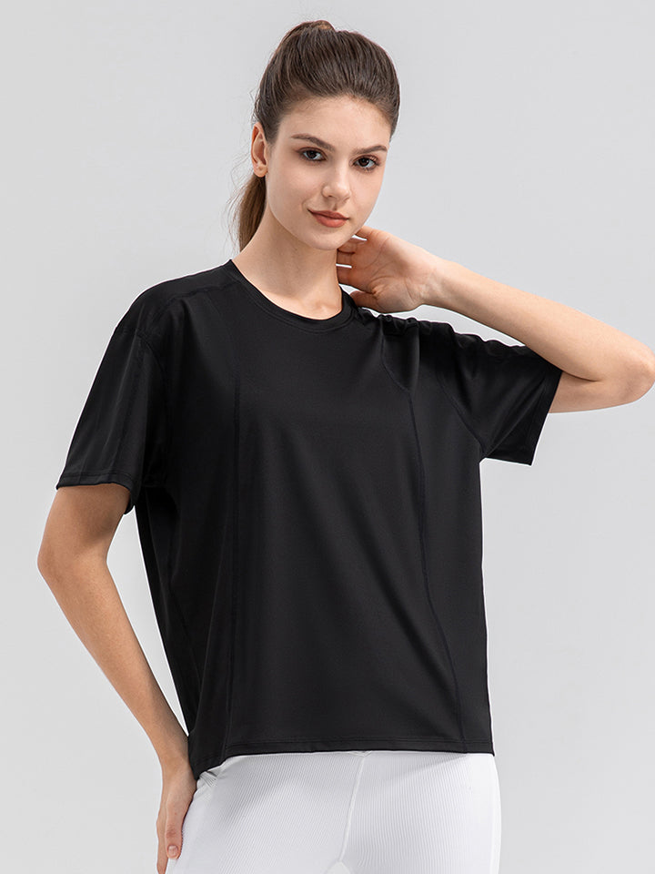 Round Neck Short Sleeve Active Top Black Active T-Shirt