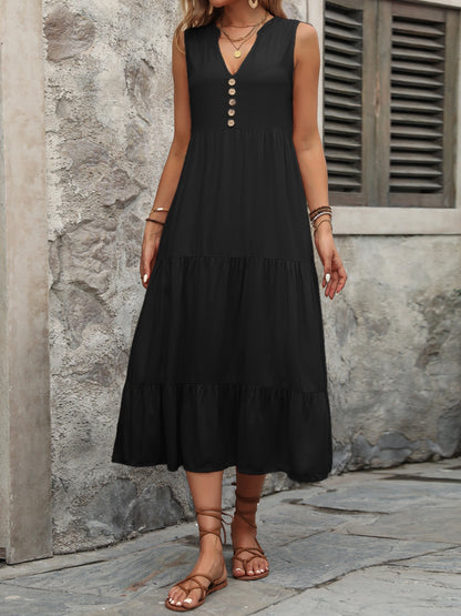 Decorative Button Notched Sleeveless Dress Black dress