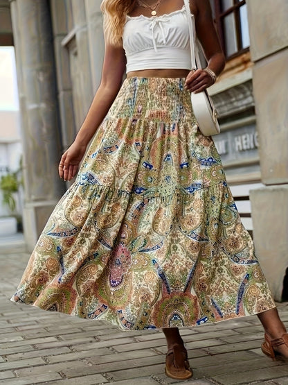 Full Size Tiered Smocked Printed High Waist Skirt Skirt