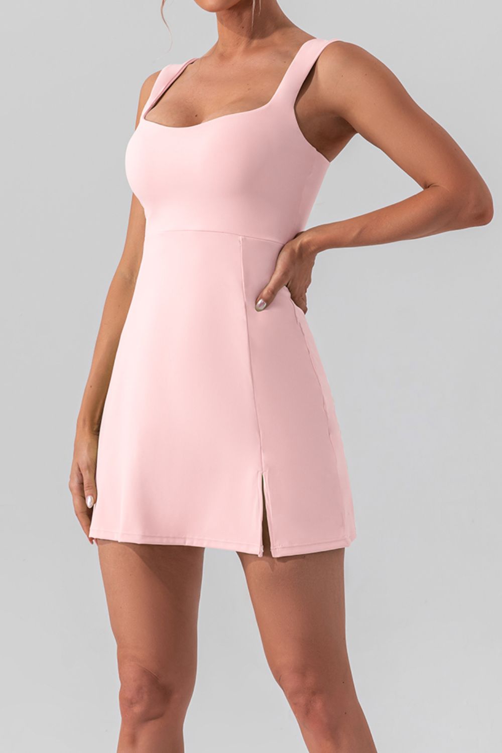 Square Neck Sleeveless Slit Mini Active Dress Dusty Pink Active Skirt