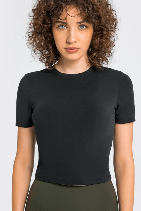 Round Neck Short Sleeve Yoga Tee Black Active T-Shirt