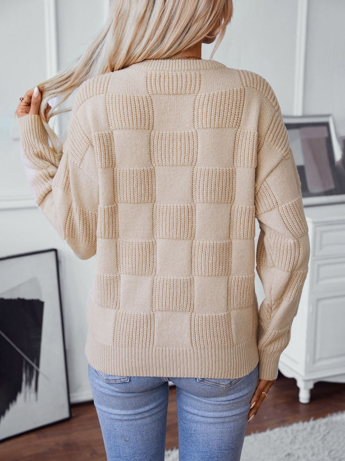 Checkered Round Neck Long Sleeve Sweater