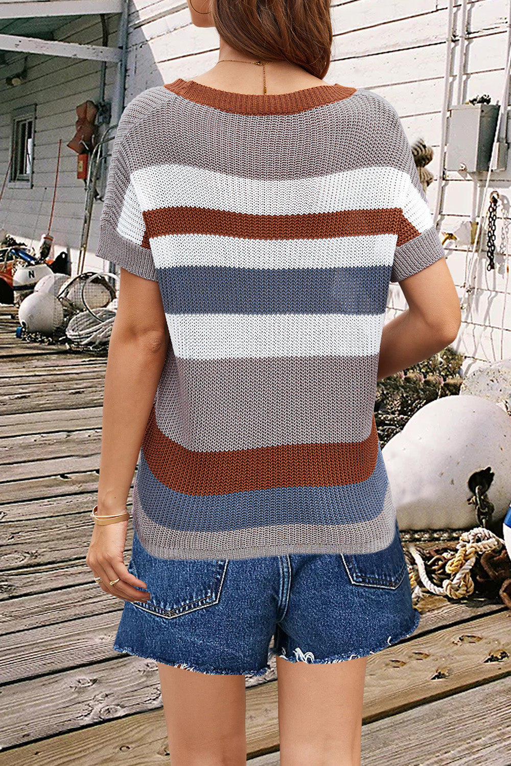 Striped Round Neck Short Sleeve Knit Top Shirt