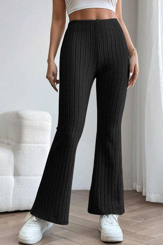 Basic Bae Full Size Ribbed High Waist Flare Pants Black Pants