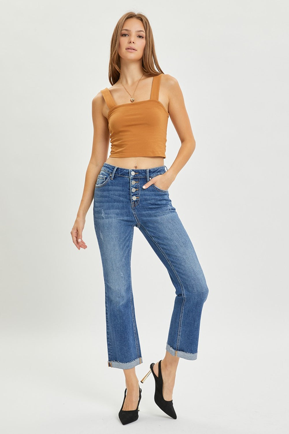 RISEN Full Size Button Fly Cropped Bootcut Jeans Pants