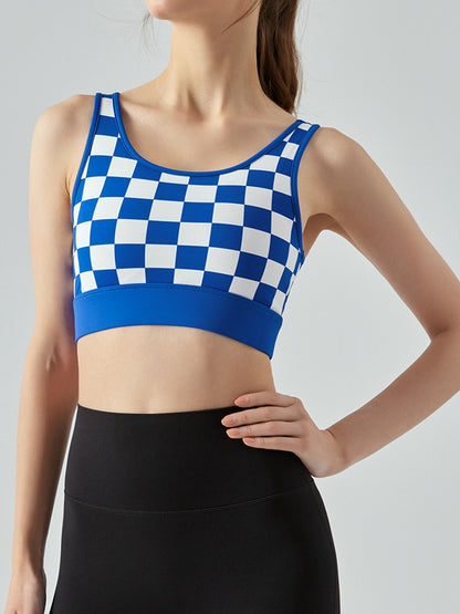 Round Neck Plaid Cropped Sports Tank Top Active Tank