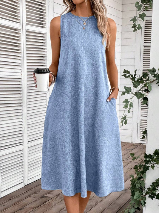 Full Size Pocketed Round Neck Sleeveless Dress Misty Blue dress