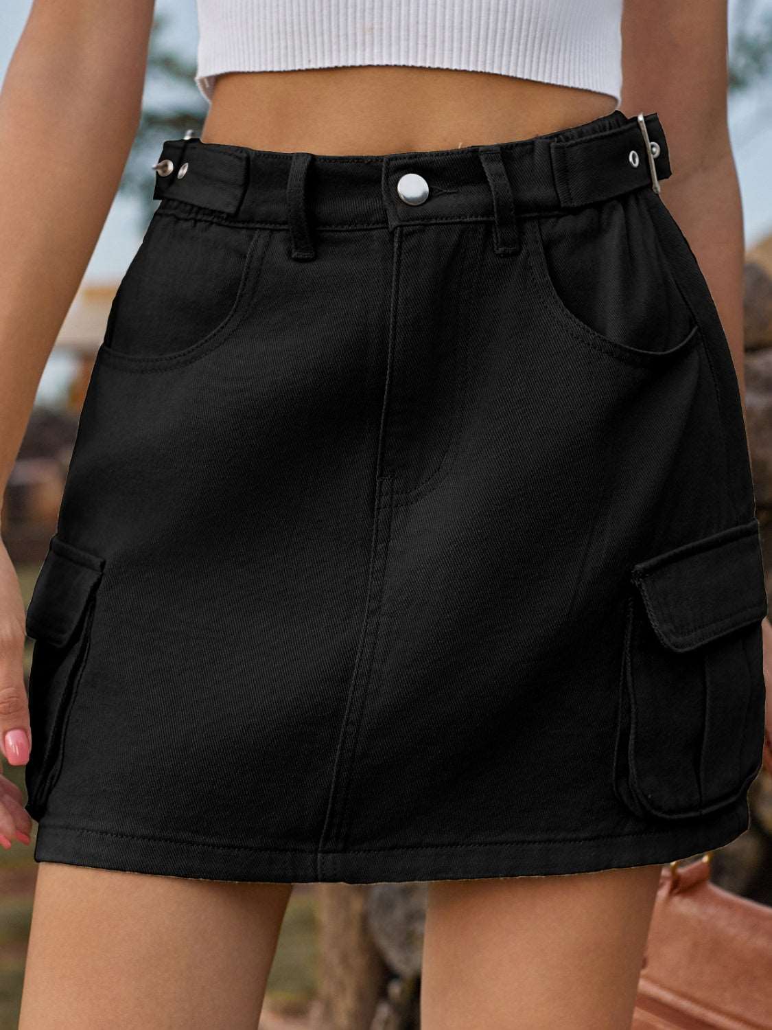 Adjustable Waist Denim Skirt with Pockets Black Skirt