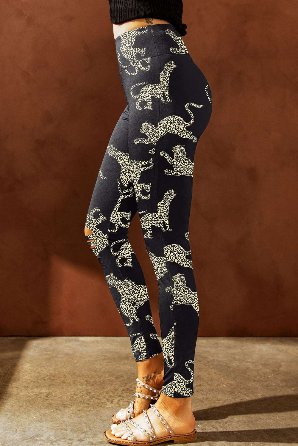 Animal Printed Distressed High Waist Leggings Leggings