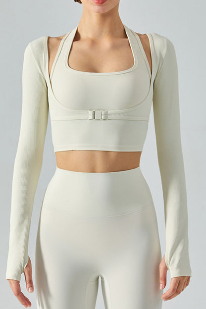 Ribbed Faux Layered Halter Neck Cropped Sports Top Ivory Active T-Shirt