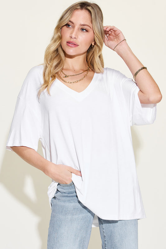 Basic Bae Full Size Bamboo V-Neck Drop Shoulder T-Shirt White T-Shirt