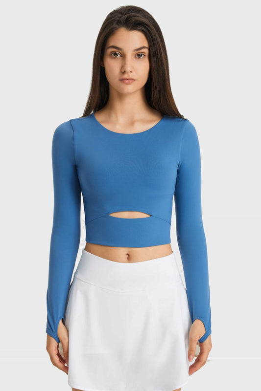 Cutout Long Sleeve Cropped Sports Top Blue Active T-Shirt