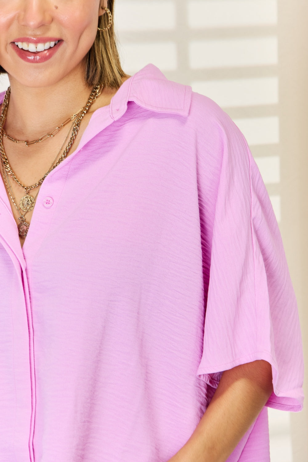 Zenana Texture Button Up Short Sleeve High-Low Shirt Shirt