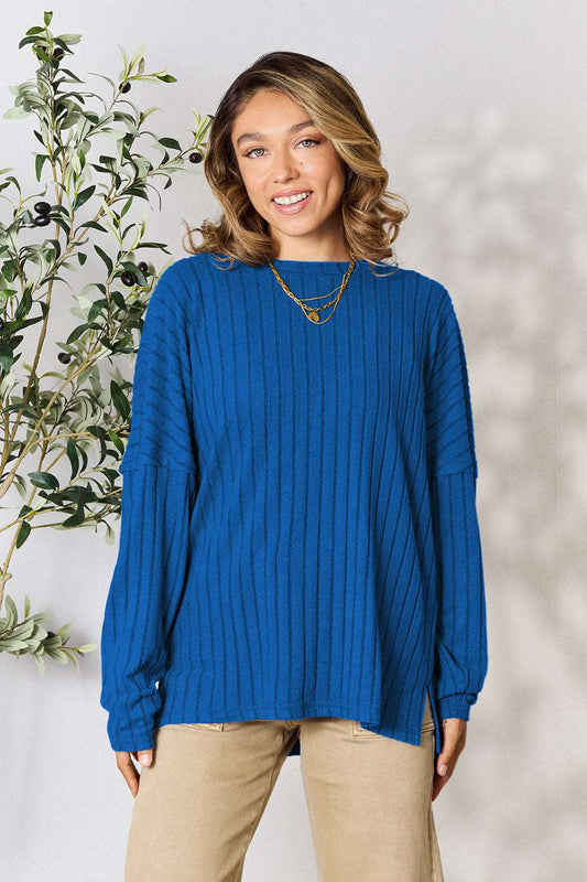 Basic Bae Full Size Ribbed Round Neck Slit Knit Top Peacock Blue Shirt