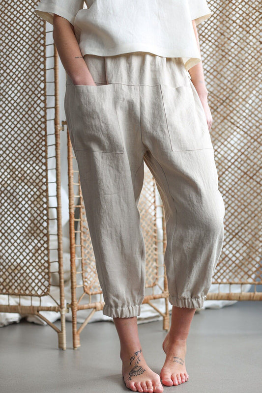 Mid-Rise Waist Pants with Pockets Beige Pants