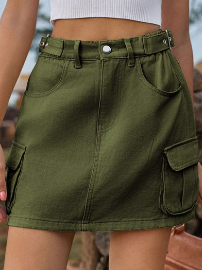 Adjustable Waist Denim Skirt with Pockets Army Green Skirt