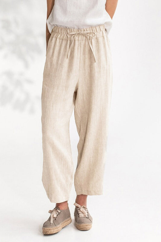Drawstring Cropped Pants with Pockets Cream Pants