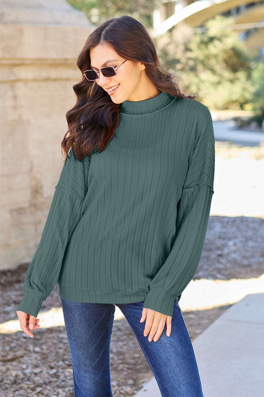 Basic Bae Full Size Ribbed Exposed Seam Mock Neck Knit Top Teal Shirt