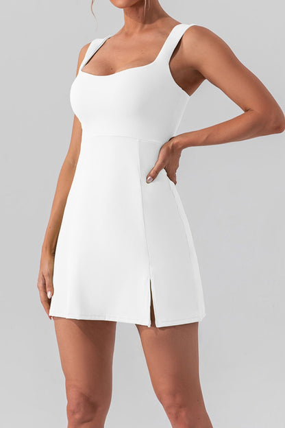 Square Neck Sleeveless Slit Mini Active Dress White Active Skirt