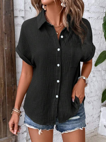 Textured Button Up Short Sleeve Shirt Black Shirt