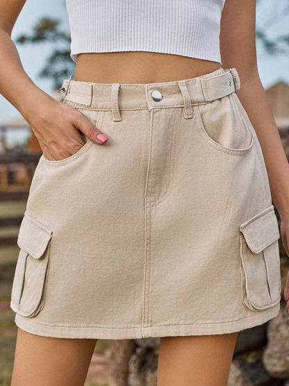 Adjustable Waist Denim Skirt with Pockets Taupe Skirt