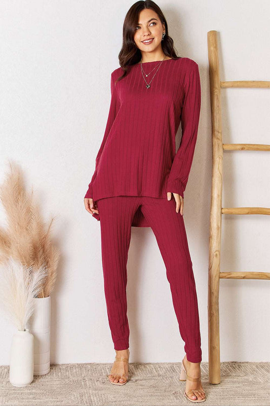 Basic Bae Full Size Ribbed Round Neck High-Low Slit Top and Pants Set Deep Red Pant Set