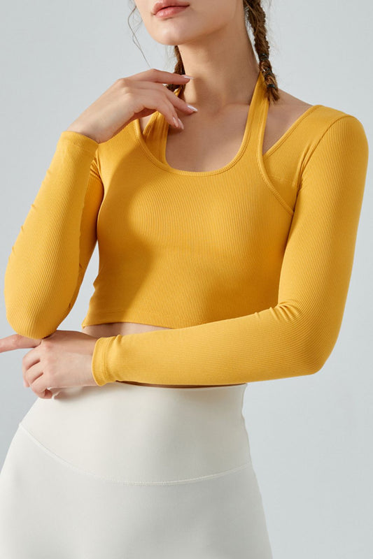 Halter Neck Long Sleeve Cropped Sports Top Yellow Active T-Shirt