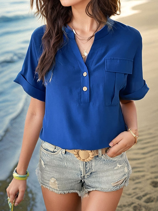 Buttoned Notched Short Sleeve Blouse Royal Blue Blouse