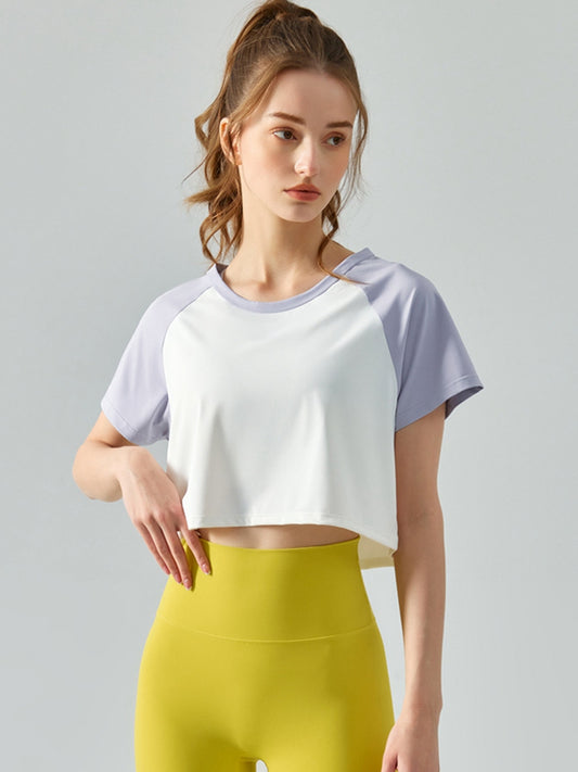 Round Neck Raglan Sleeve Cropped Sports Top Lavender Active T-Shirt