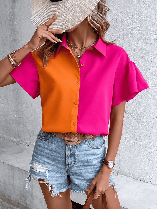 Contrast Short Sleeve Shirt Pink Orange Shirt