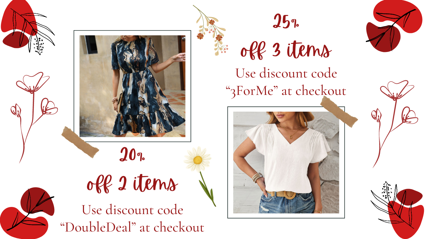 2 separate images of women of fashion with text offering discount code Doubledeal for buying 2 items and 3forme for buying 3 items to be used at checkout discount box