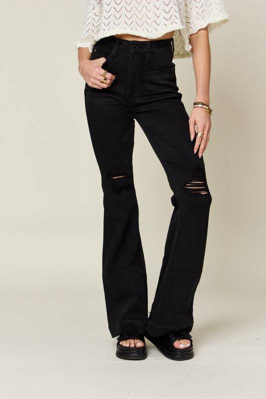 Judy Blue Full Size High Waist Distressed Flare Jeans Black Pants