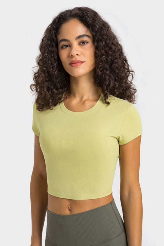 Round Neck Short Sleeve Cropped Sports T-Shirt Lemon Active T-Shirt
