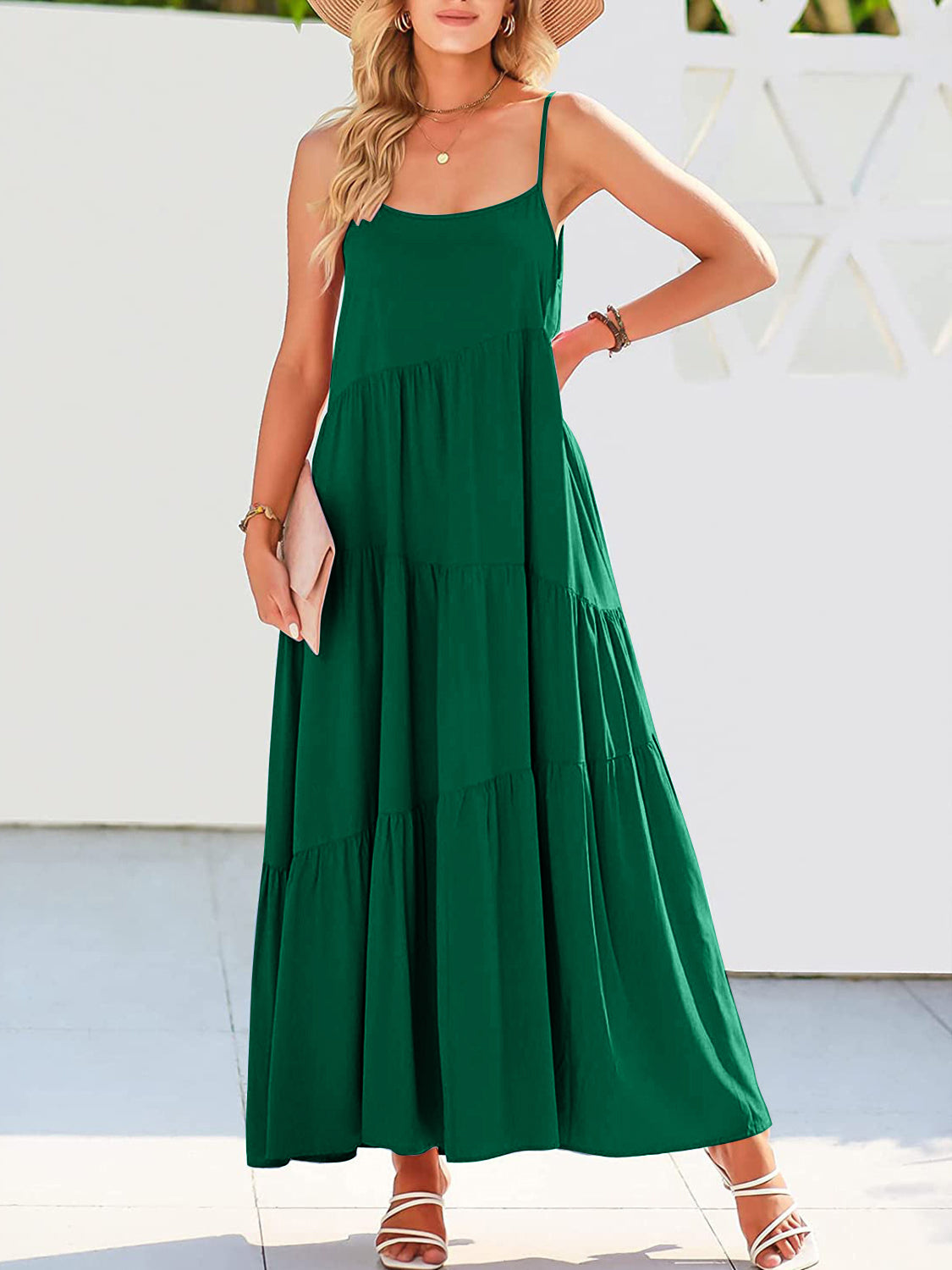 Full Size Ruched Tiered Spaghetti Strap Dress Green dress