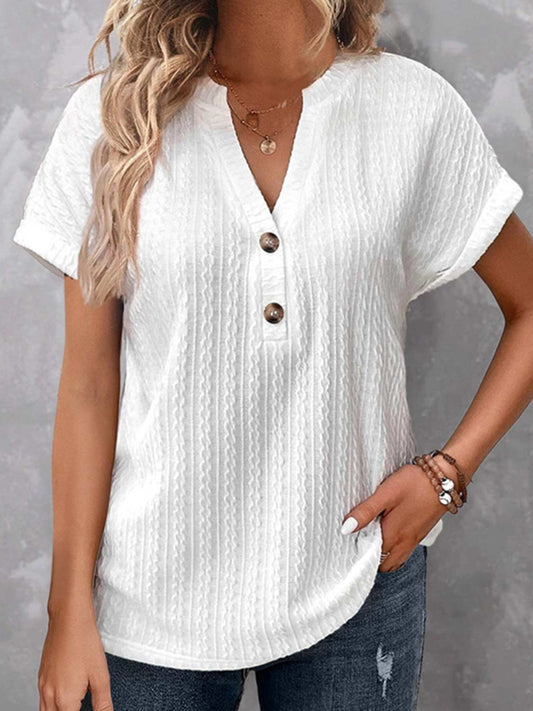 Textured Notched Short Sleeve Blouse White Blouse