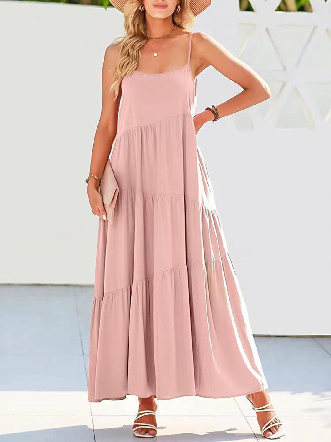 Full Size Ruched Tiered Spaghetti Strap Dress Blush Pink dress