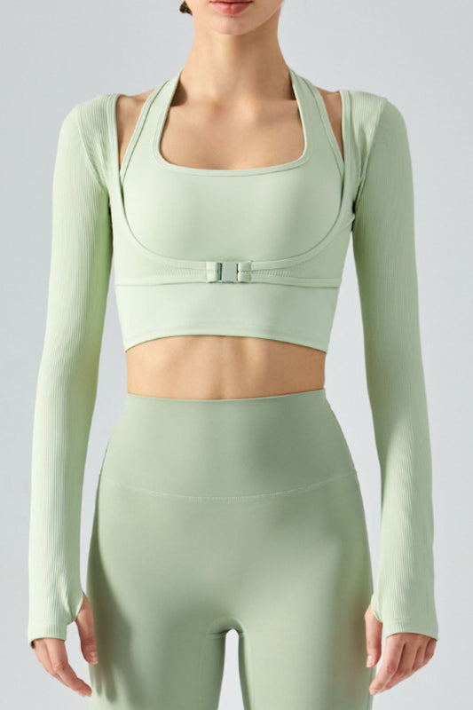 Ribbed Faux Layered Halter Neck Cropped Sports Top Green Active T-Shirt