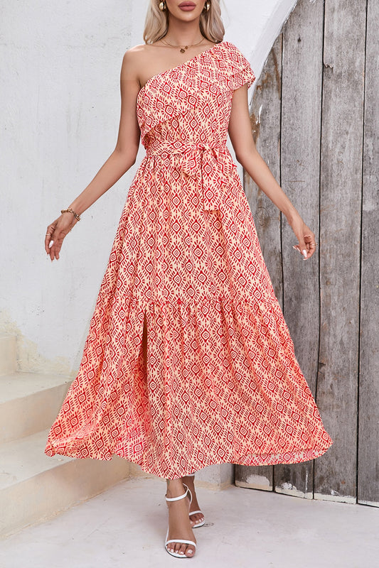 Slit Printed Single Shoulder Tie Waist Dress Coral dress