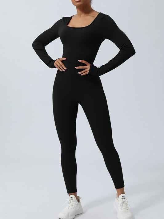 Twisted Backless Long Sleeve Jumpsuit Black Active Jumpsuit