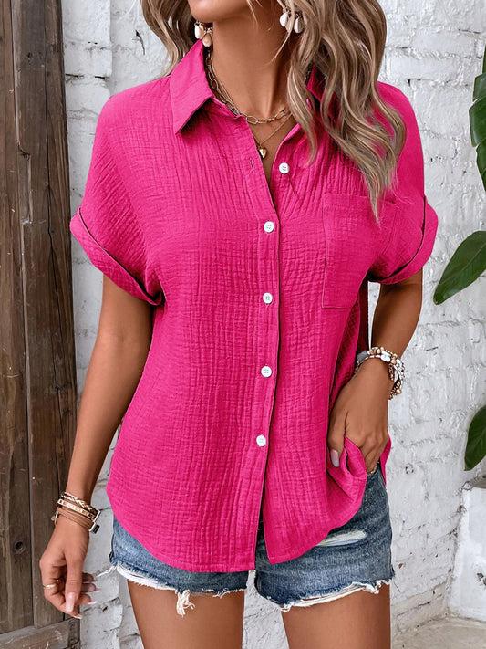 Textured Button Up Short Sleeve Shirt Deep Rose Shirt