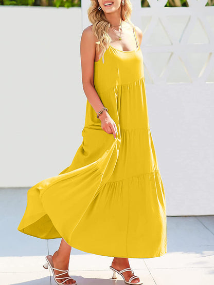 Full Size Ruched Tiered Spaghetti Strap Dress True Yellow dress