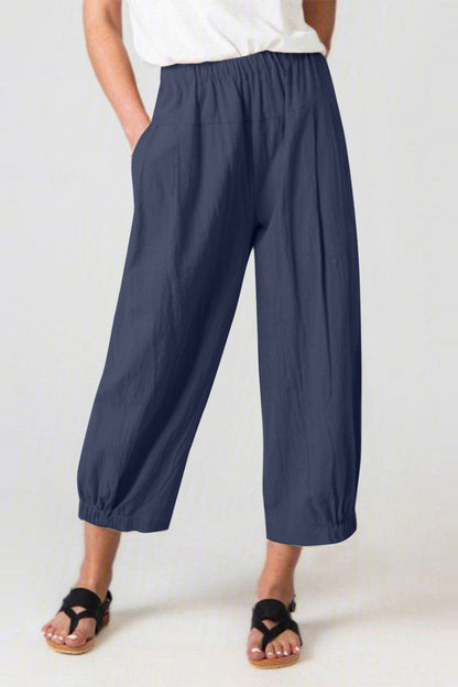 Full Size Elastic Waist Cropped Pants Navy Pants