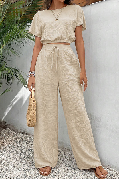 Round Neck Short Sleeve Top and Pants Set Ivory Pants