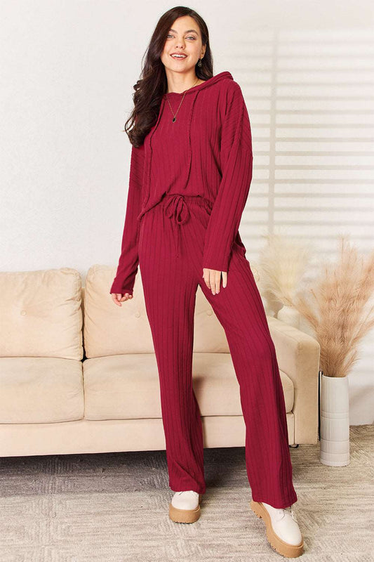 Basic Bae Full Size Ribbed Drawstring Hooded Top and Straight Pants Set Deep Red Pant Set