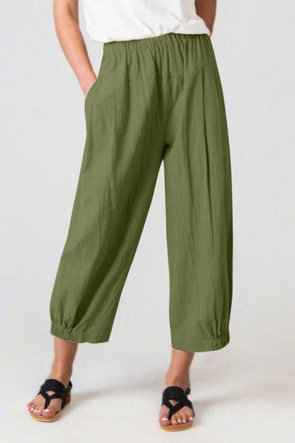 Full Size Elastic Waist Cropped Pants Moss Pants